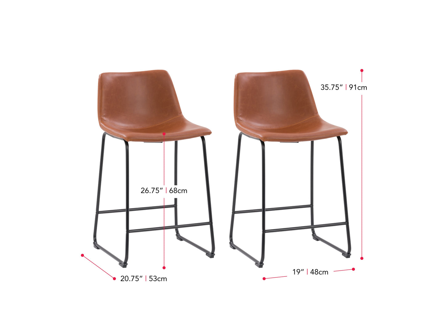 brown Metal Bar Stools Set of 2 Ryder Collection measurements diagram by CorLiving#color_brown