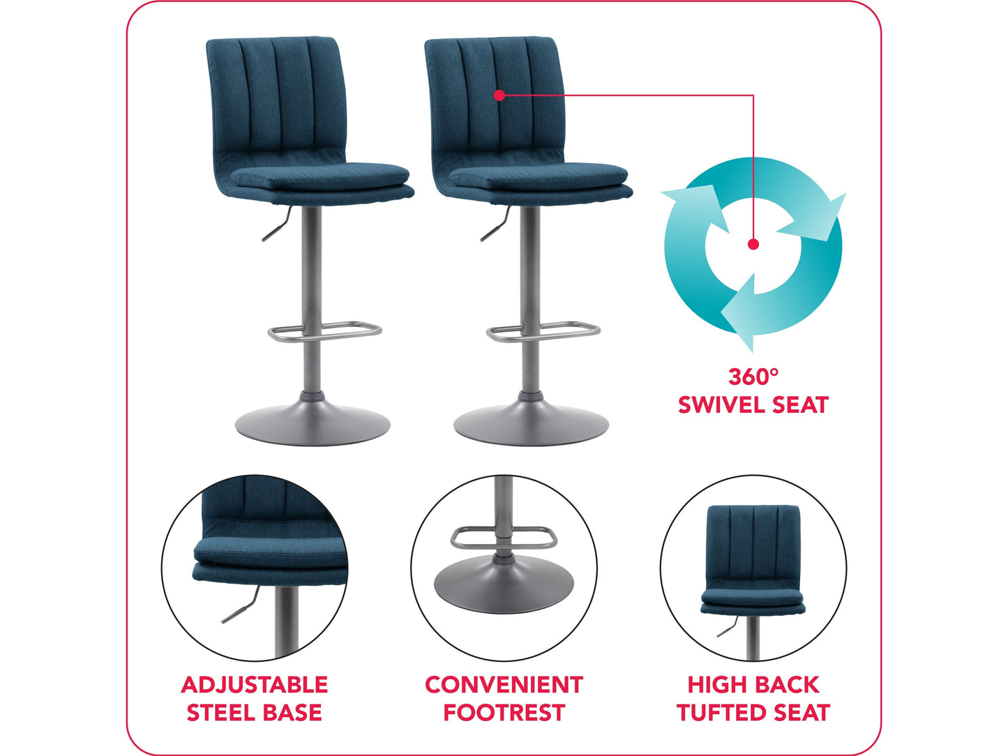 blue Swivel Bar Stools Set of 2 Preston Collection infographic by CorLiving#color_blue