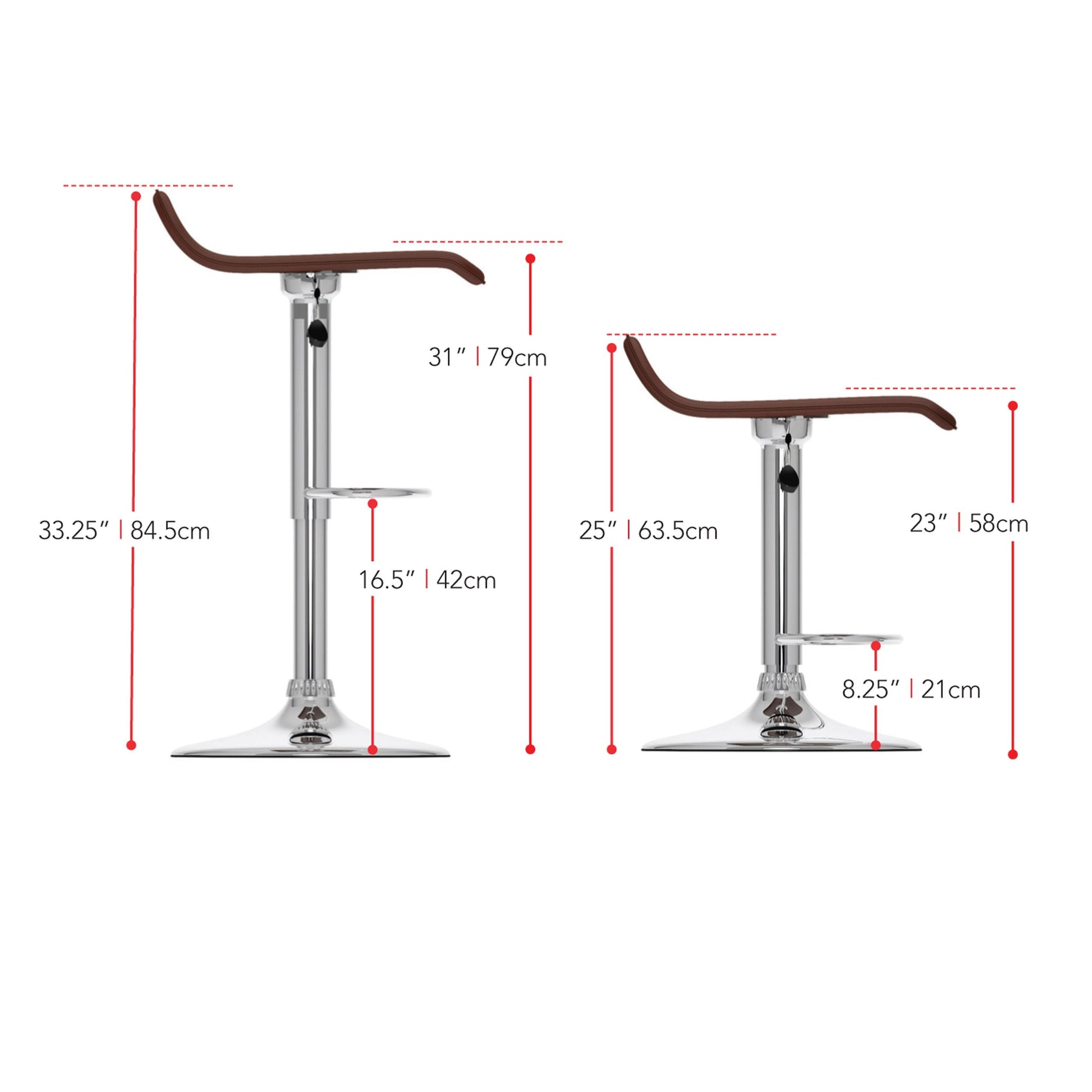 brown Low Back Bar Stools Set of 2 Theo Collection measurements diagram by CorLiving#color_brown