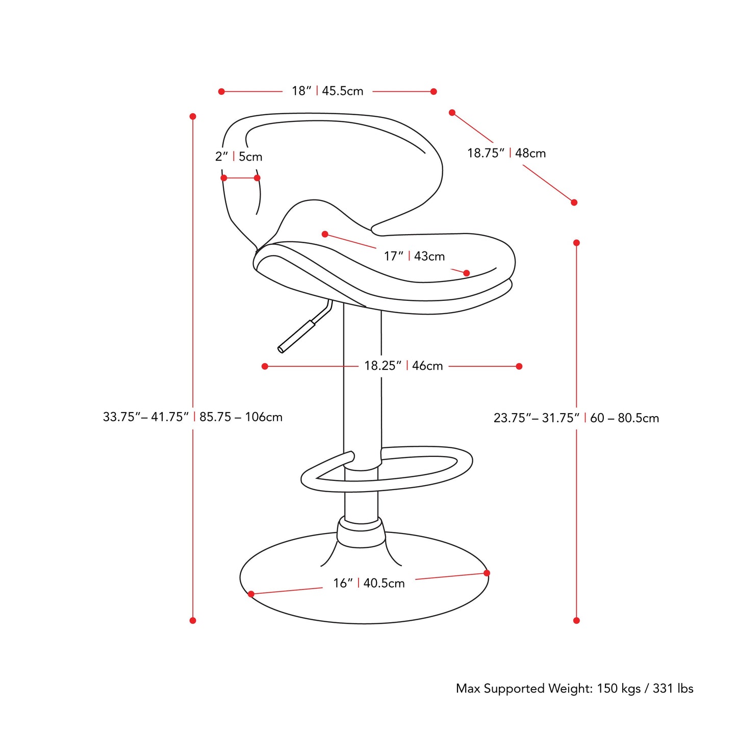 red Bar Stools with Backs Set of 2 Marcus Collection measurements diagram by CorLiving#color_red