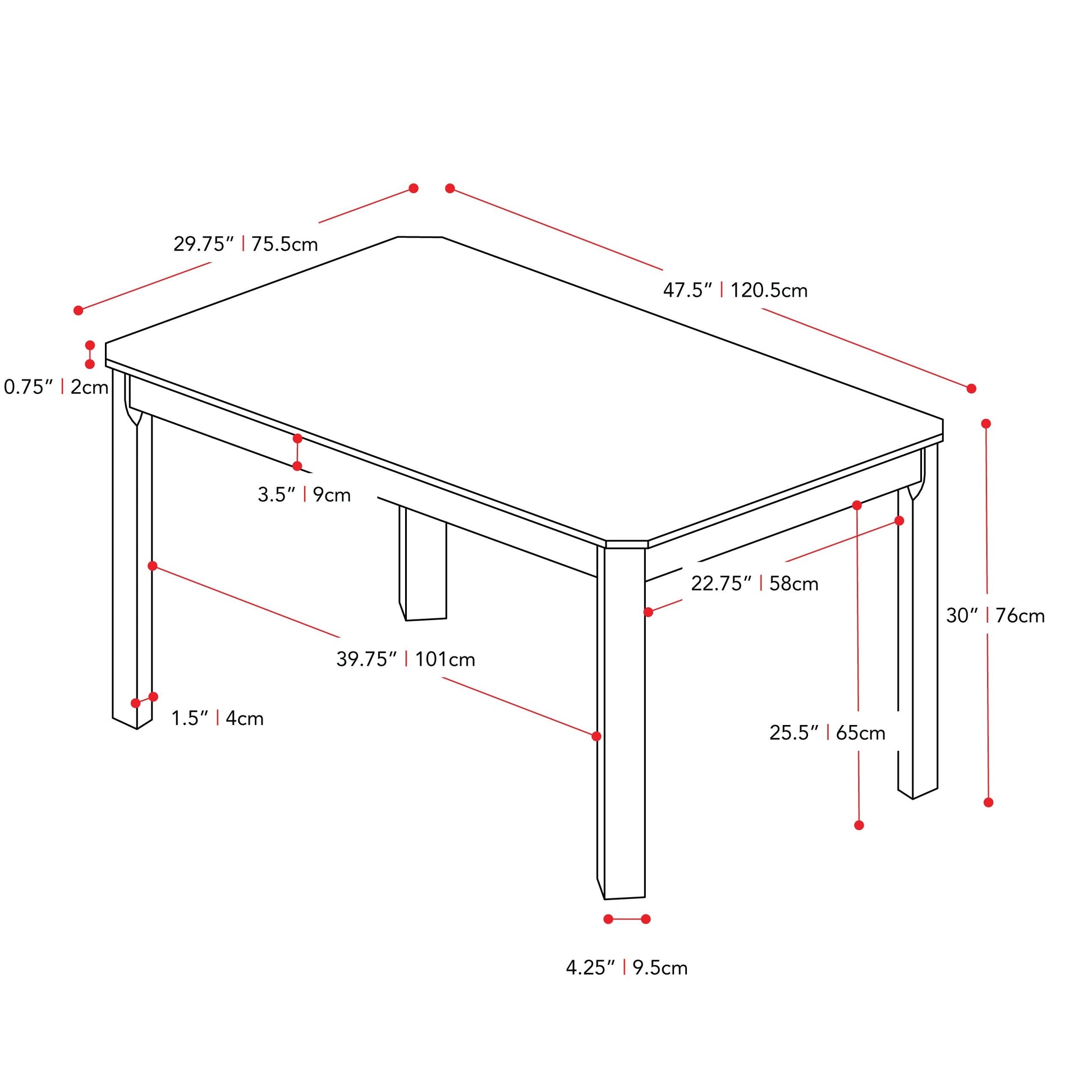 white and brown Solid Wood Dining Table Memphis Collection measurements diagram by CorLiving#color_white-and-brown