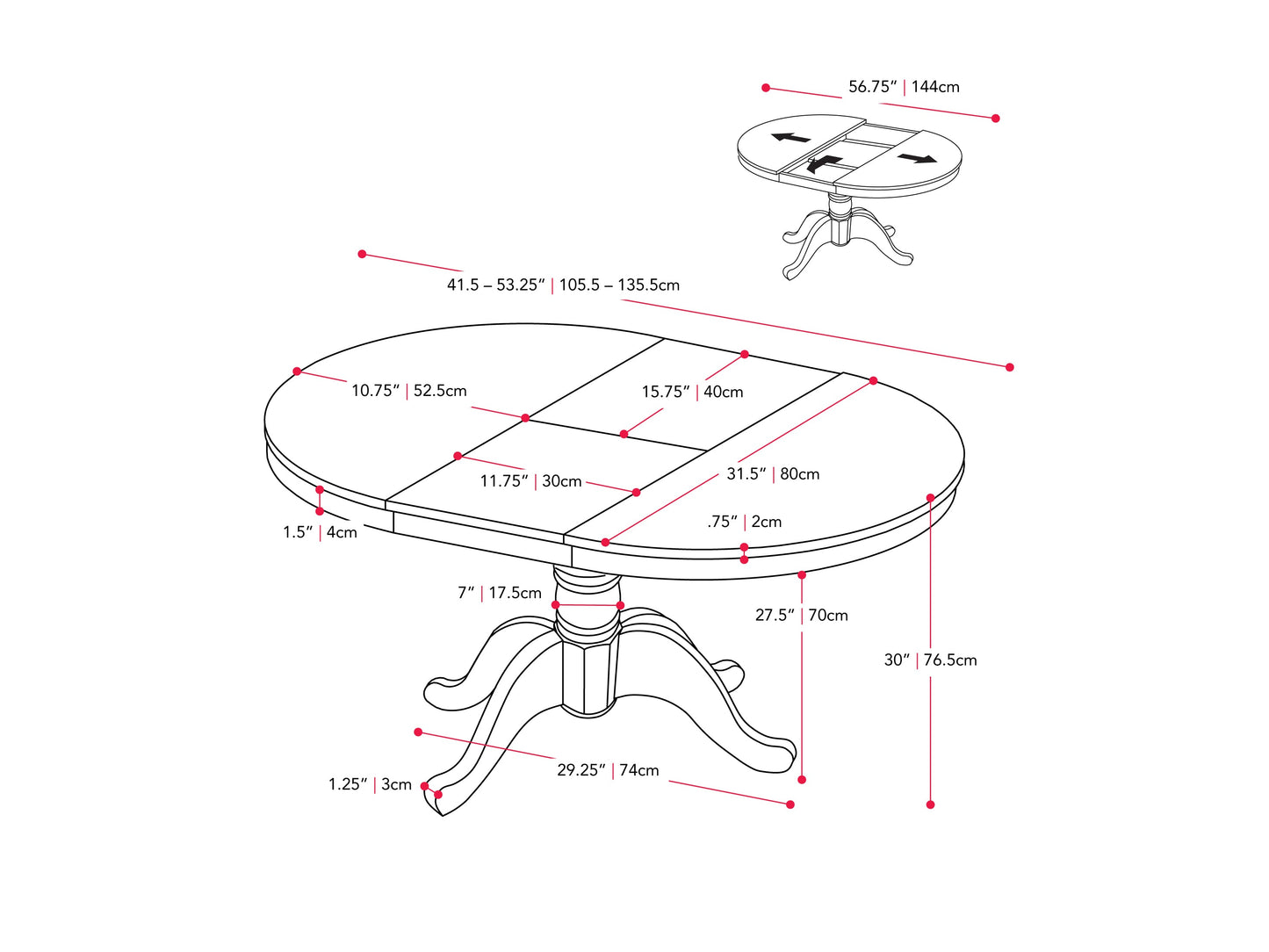 white Extendable Dining Set, 5pc Dillon Collection measurements diagram by CorLiving#color_dillon-white