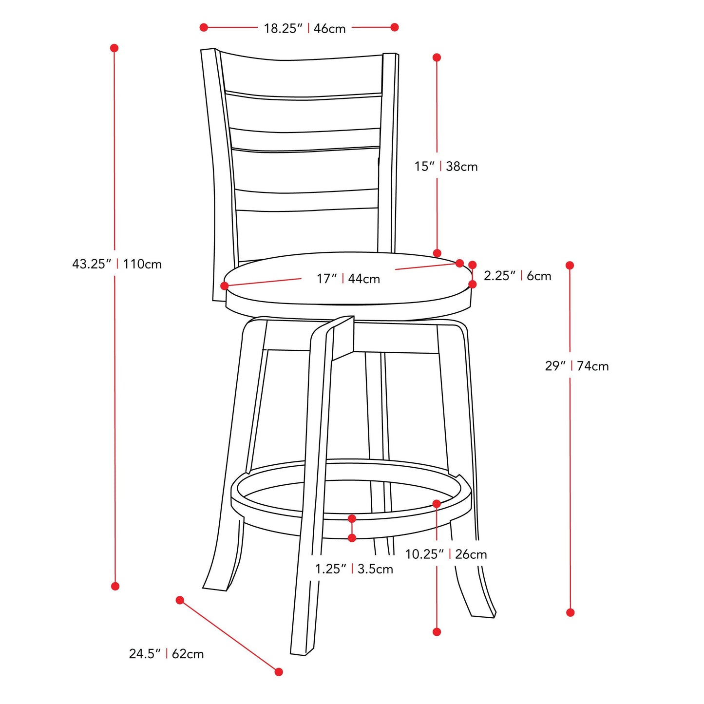 white Wood Bar Stool Bar Height Woodgrove Collection measurements diagram by CorLiving#color_white