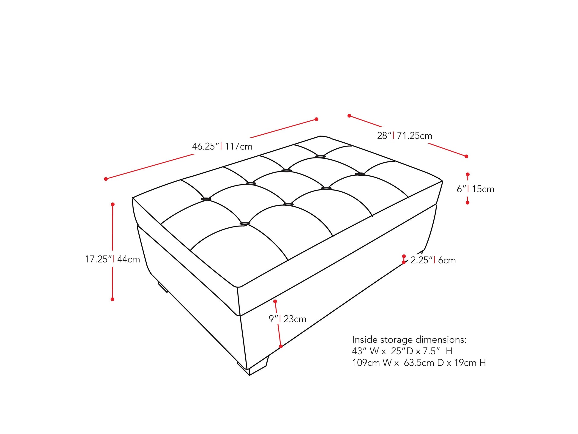 black Tufted Ottoman with Storage Antonio Collection measurements diagram by CorLiving#color_antonio-black