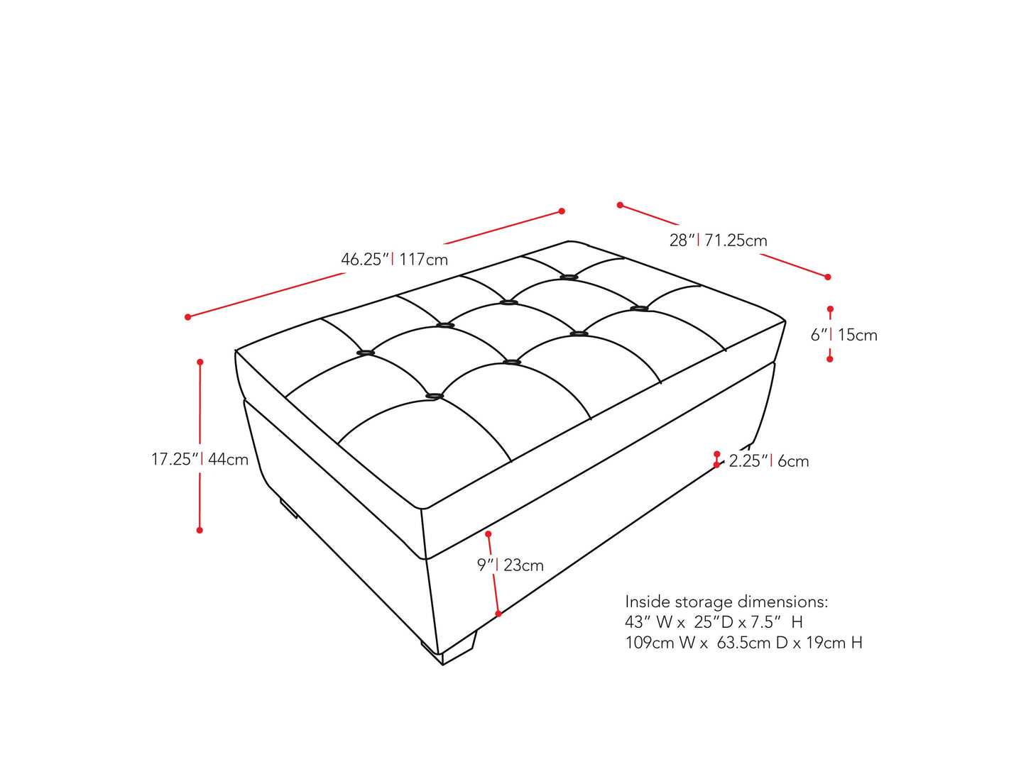 white Tufted Ottoman with Storage Antonio Collection measurements diagram by CorLiving#color_antonio-white