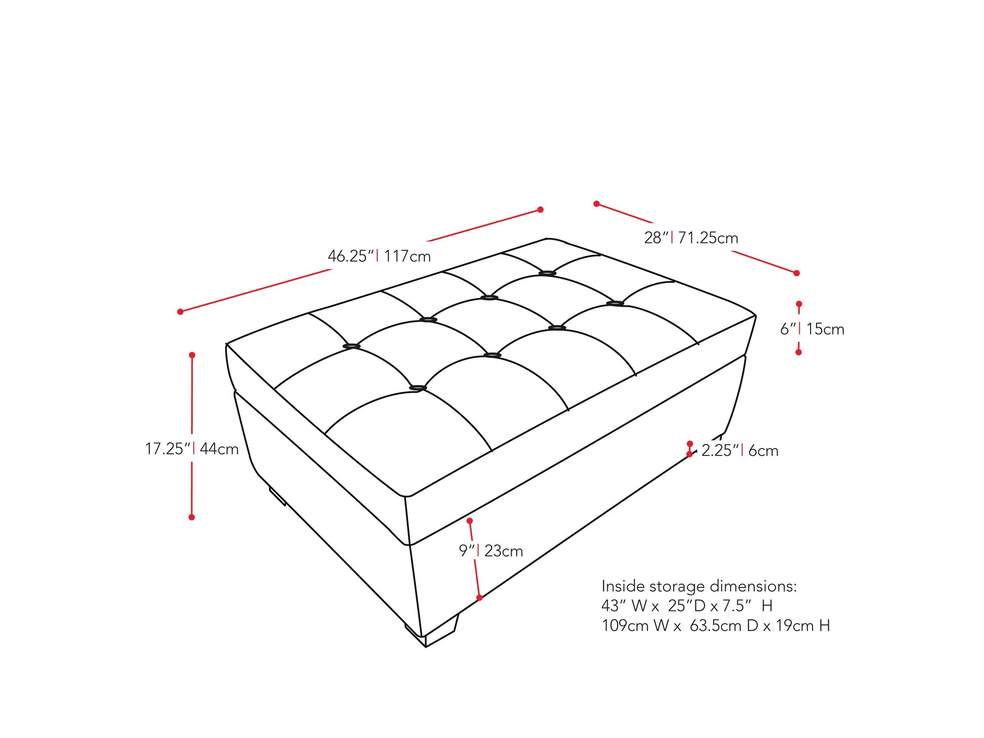 brown Tufted Ottoman with Storage Antonio Collection measurements diagram by CorLiving#color_antonio-brown