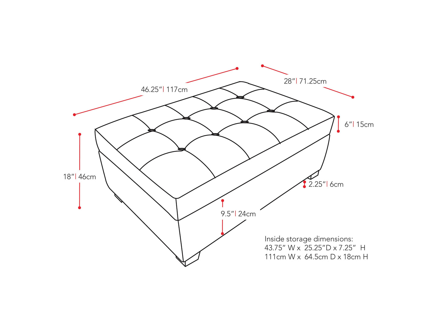 blue Tufted Storage Bench Antonio Collection measurements diagram by CorLiving#color_antonio-blue-1