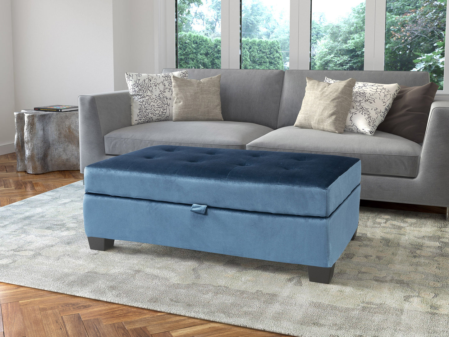 blue Tufted Storage Bench Antonio Collection lifestyle scene by CorLiving#color_antonio-blue-1