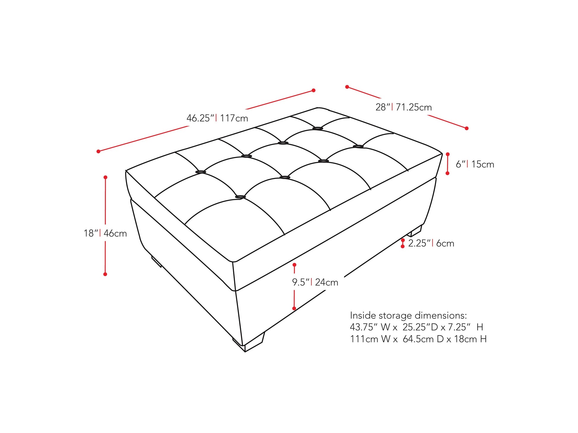 green Tufted Storage Bench Antonio Collection measurements diagram by CorLiving#color_antonio-green-1