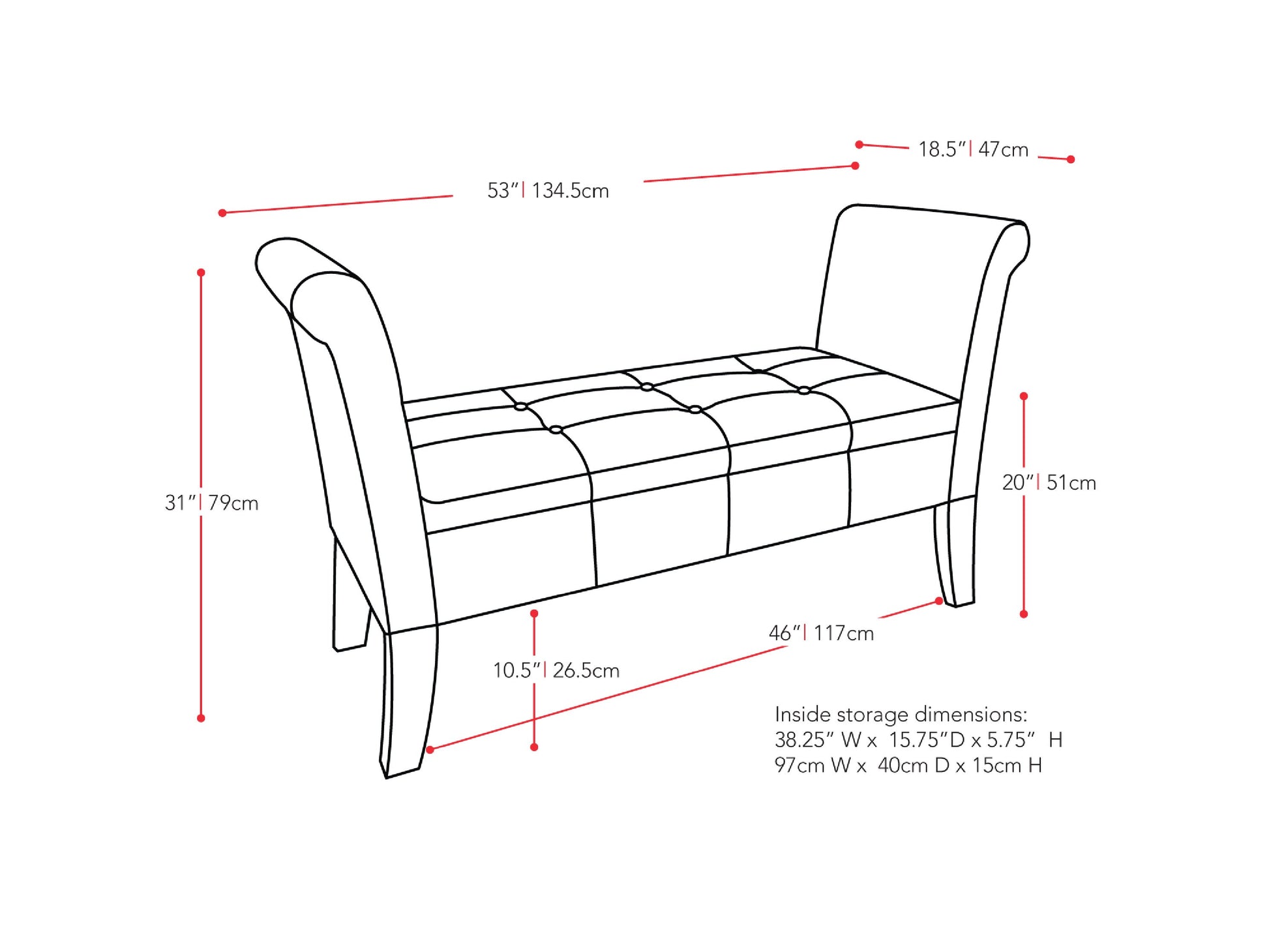 white Storage Bench with Arms Antonio Collection measurements diagram by CorLiving#color_antonio-white