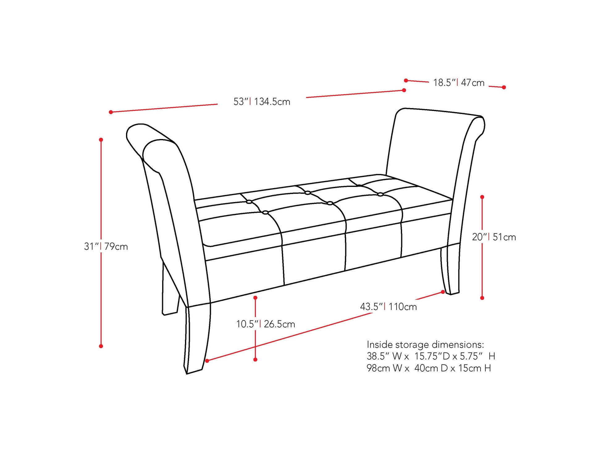 dark brown Storage Bench with Arms Antonio Collection measurements diagram by CorLiving#color_antonio-dark-brown