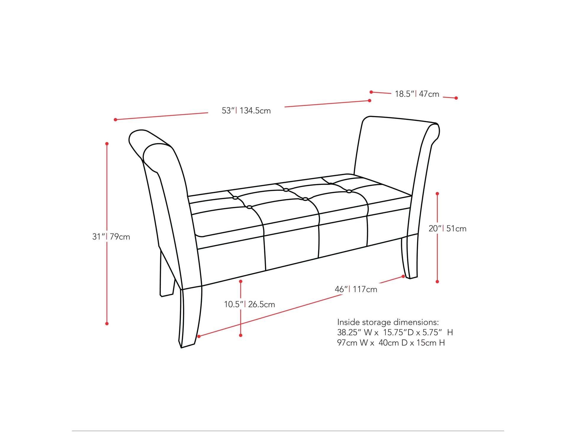 silver Velvet Bench with Arms Antonio Collection measurements diagram by CorLiving#color_antonio-silver