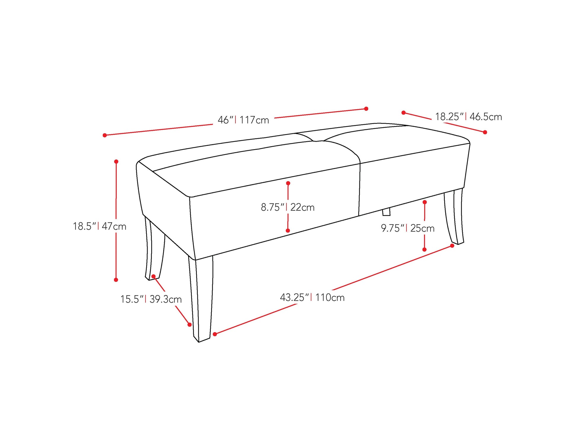 Black Bench Antonio Collection measurements diagram by CorLiving#color_antonio-black