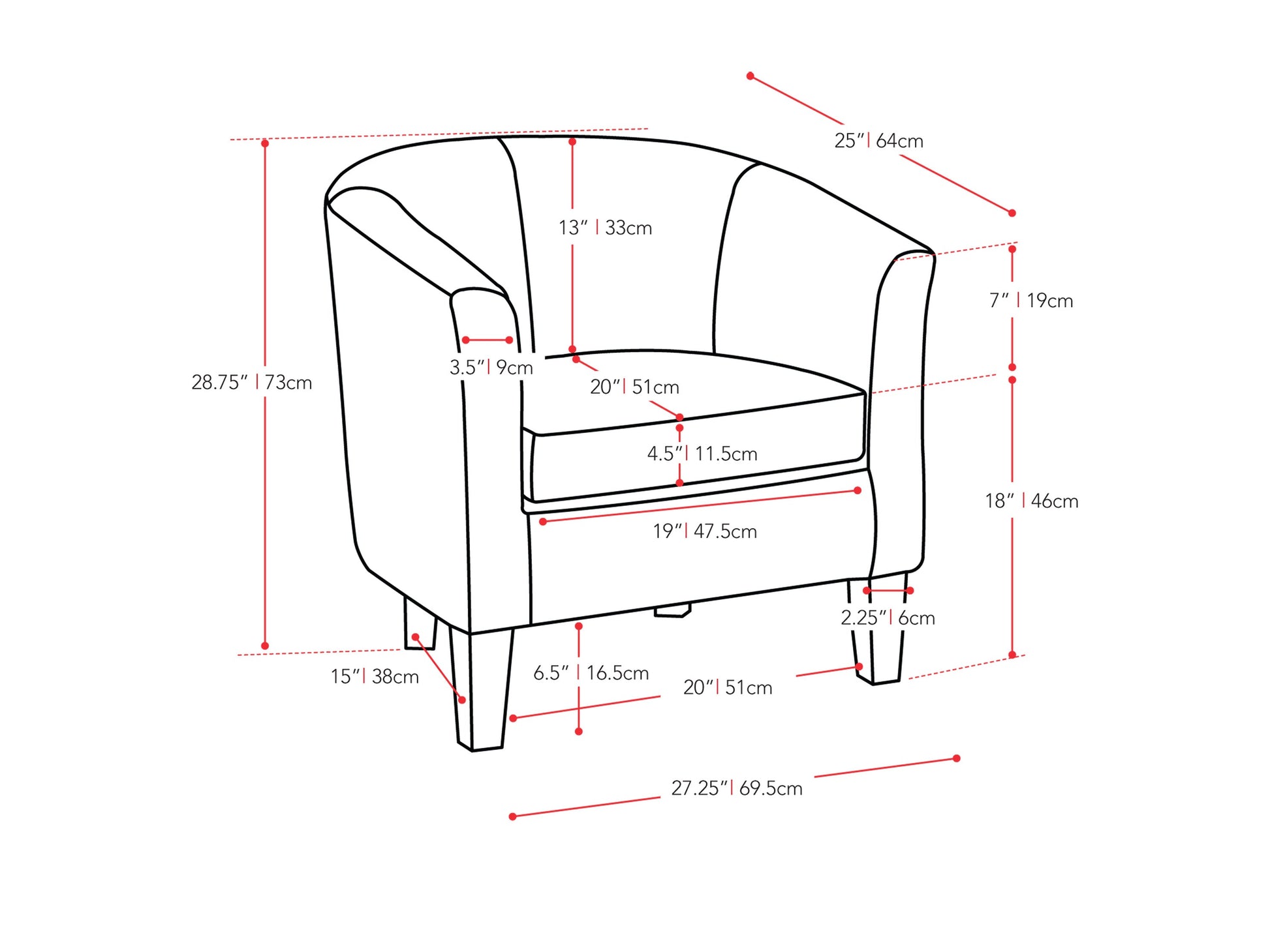 dark grey Barrel Chair Sasha Collection measurements diagram by CorLiving#color_sasha-dark-grey