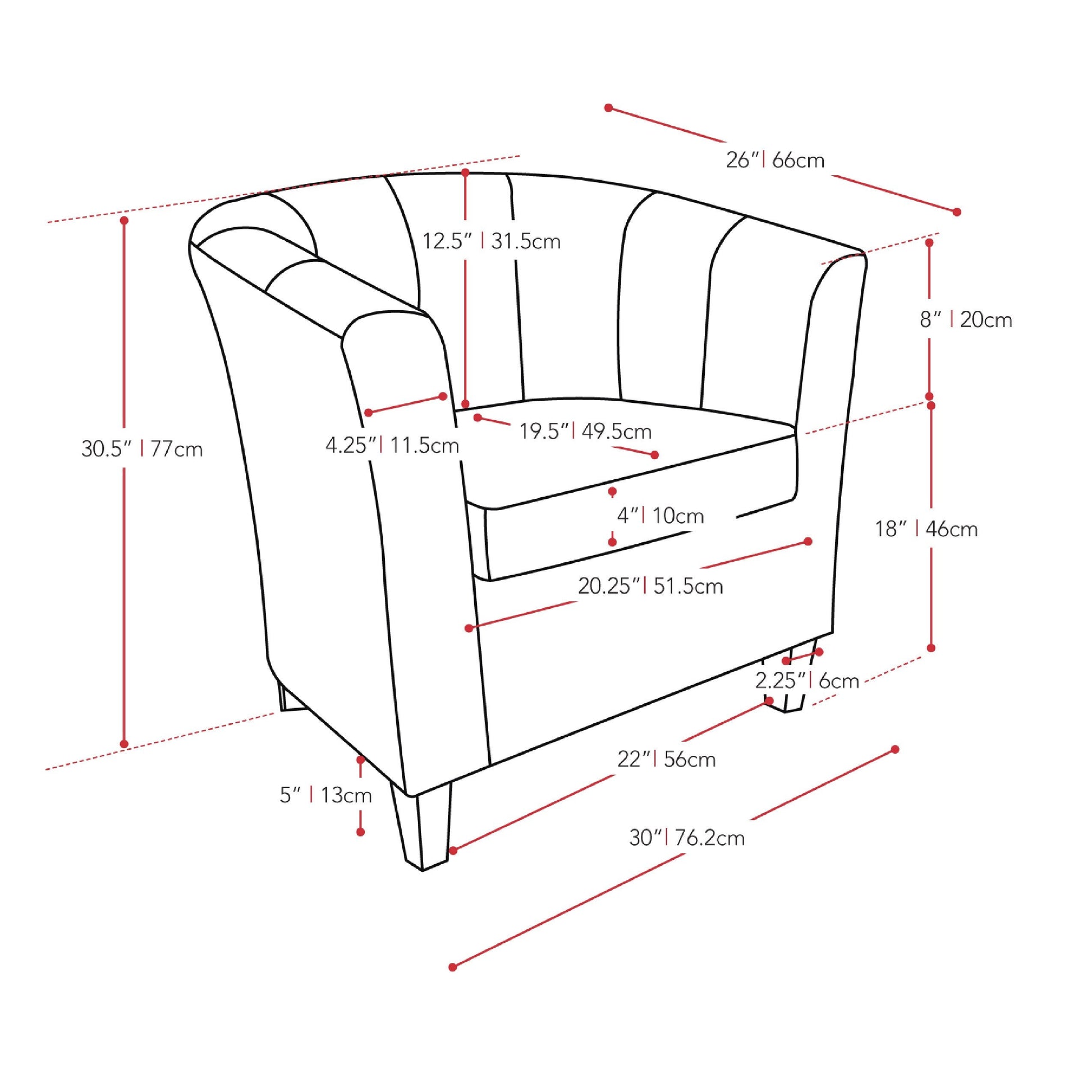 brown Leather Barrel Chair Antonio Collection measurements diagram by CorLiving#color_brown