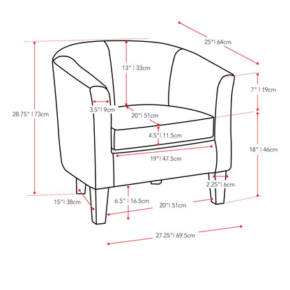 blue Velvet Barrel Chair Sasha Collection measurements diagram by CorLiving#color_blue-1