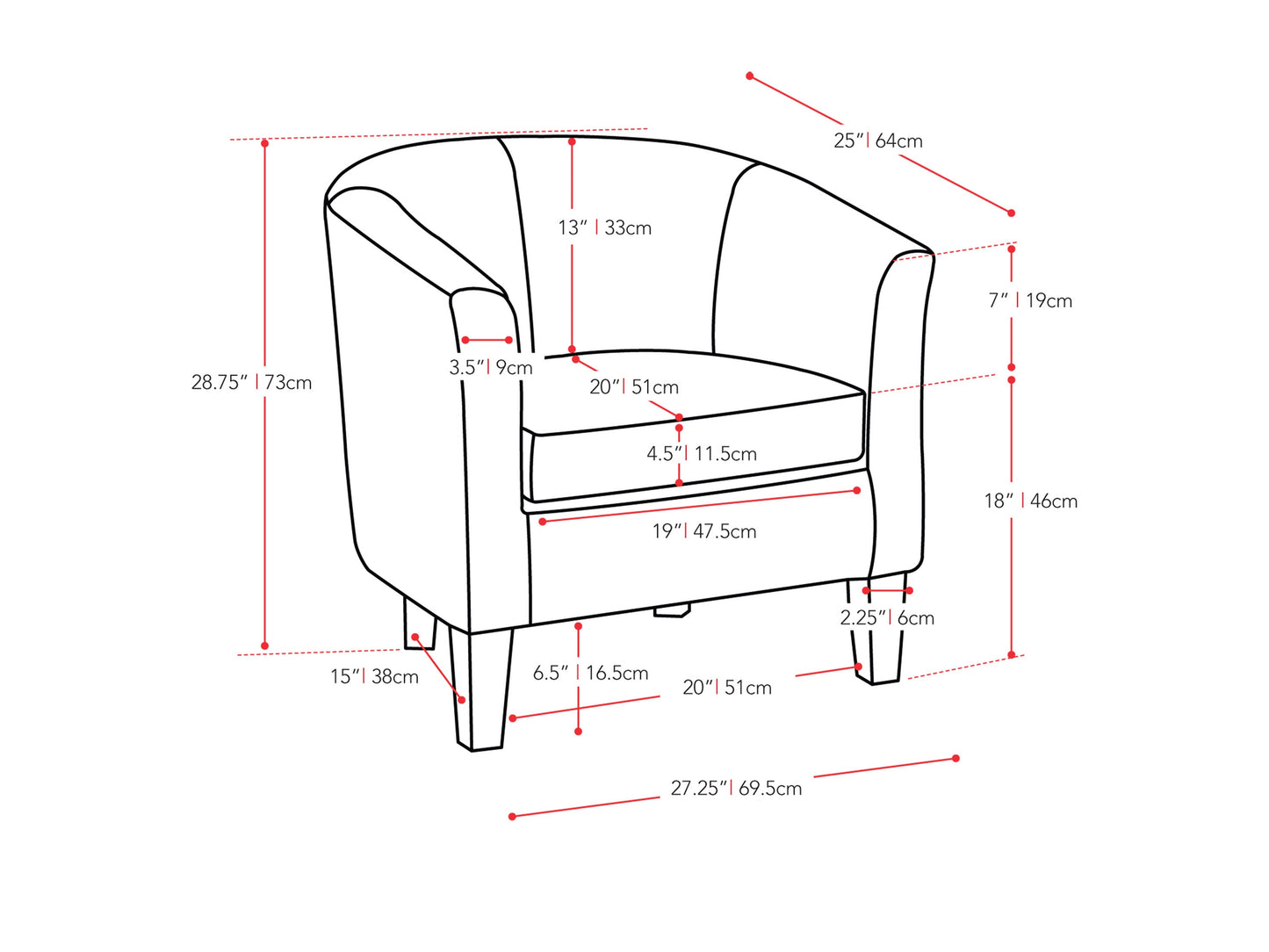 blue grey Barrel Chair Sasha Collection measurements diagram by CorLiving#color_sasha-blue-grey