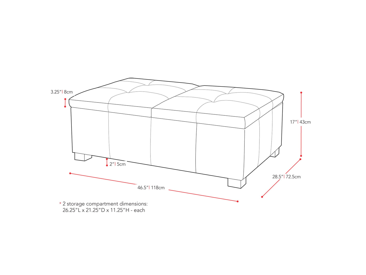 Black Ottoman Antonio Collection measurements diagram by CorLiving#color_antonio-black