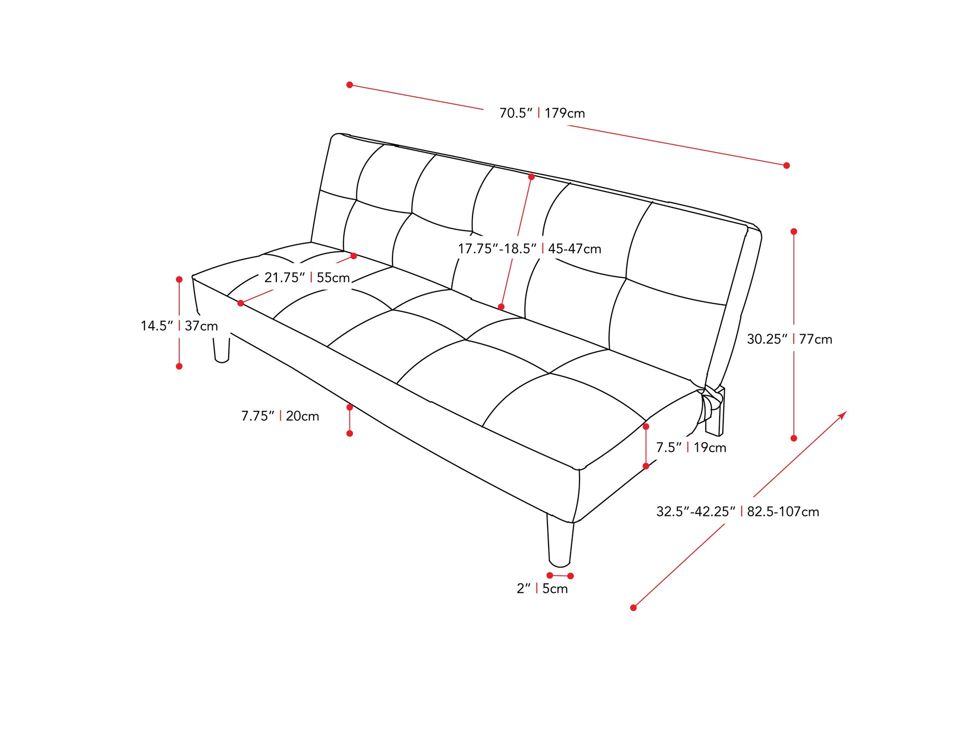 dark grey Convertible Futon Sofa Bed Yorkton collection measurements diagram by CorLiving#color_dark-grey