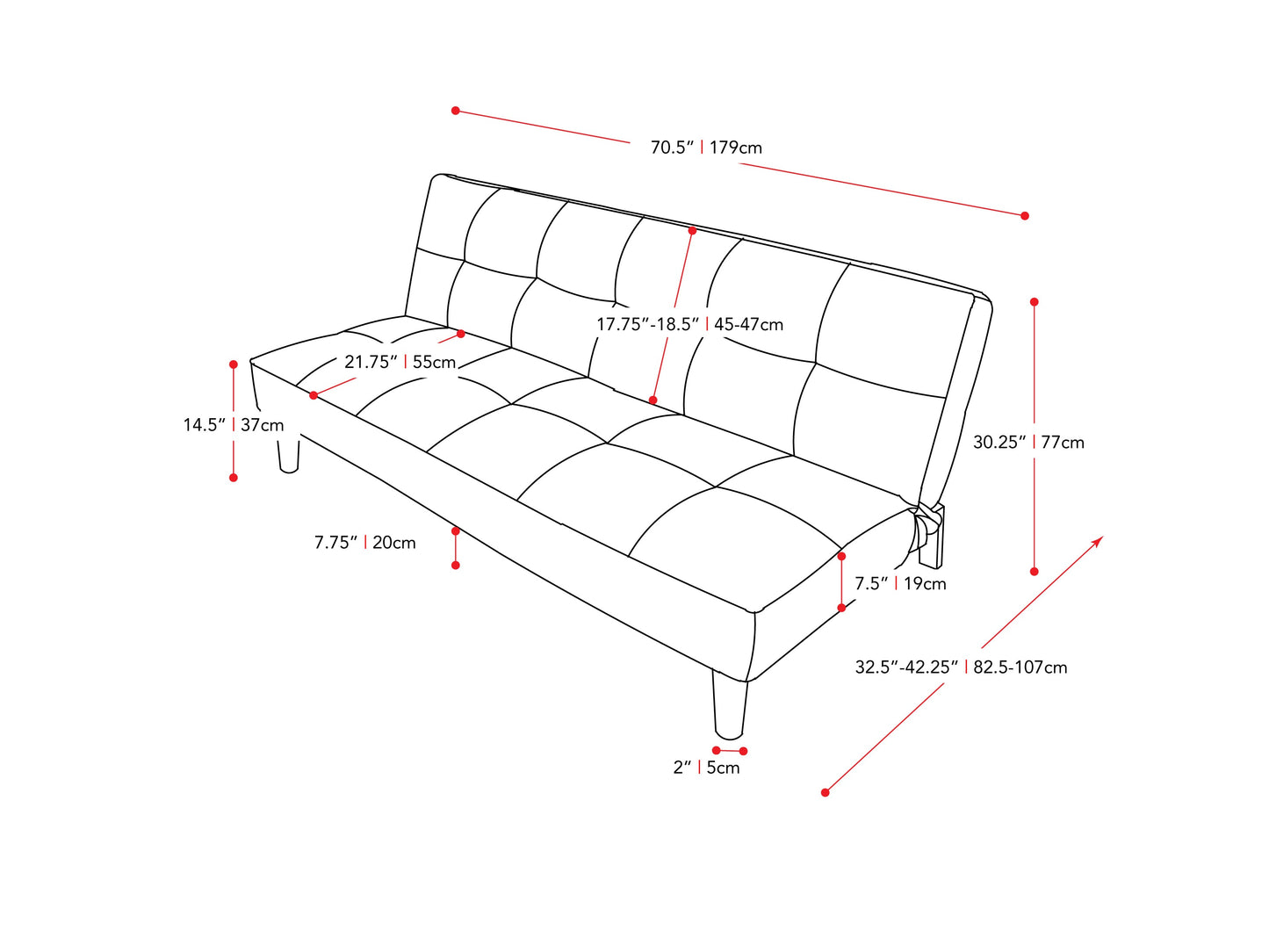 beige Convertible Futon Sofa Bed Yorkton collection measurements diagram by CorLiving#color_beige