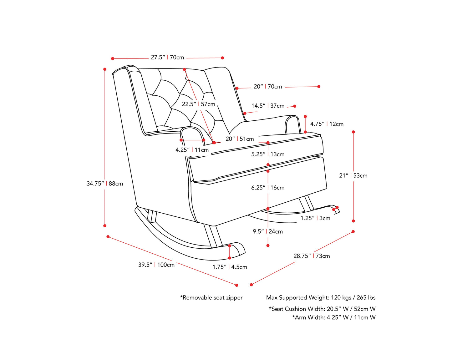 beige Modern Rocking Chair Freya Collection measurements diagram by CorLiving#color_freya-beige