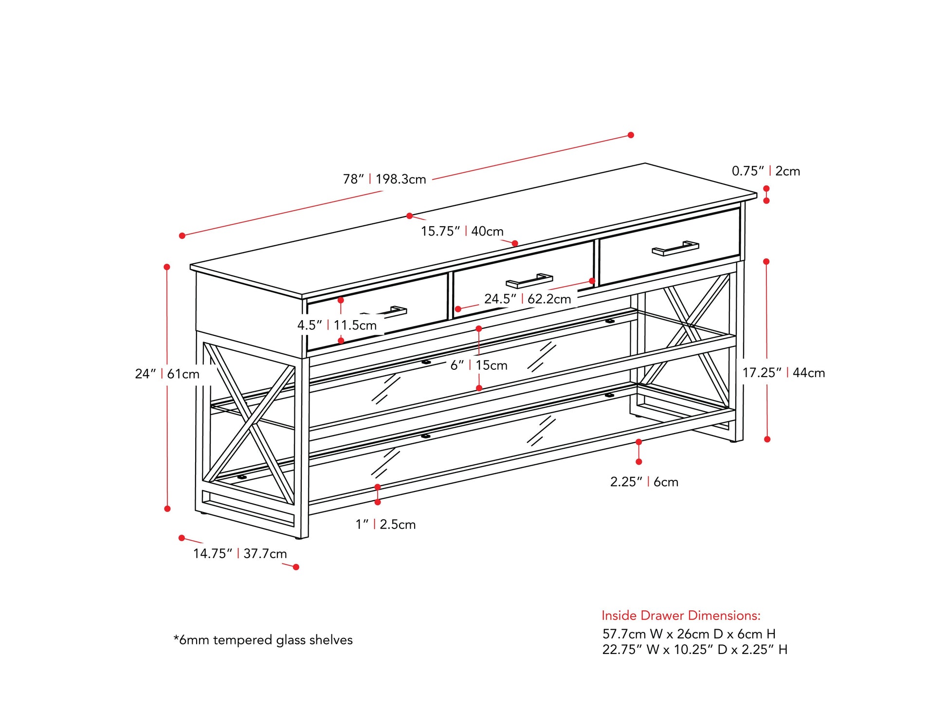 cherry brown TV Bench for TVs up to 95" Houston Collection measurements diagram by CorLiving#color_cherry-brown