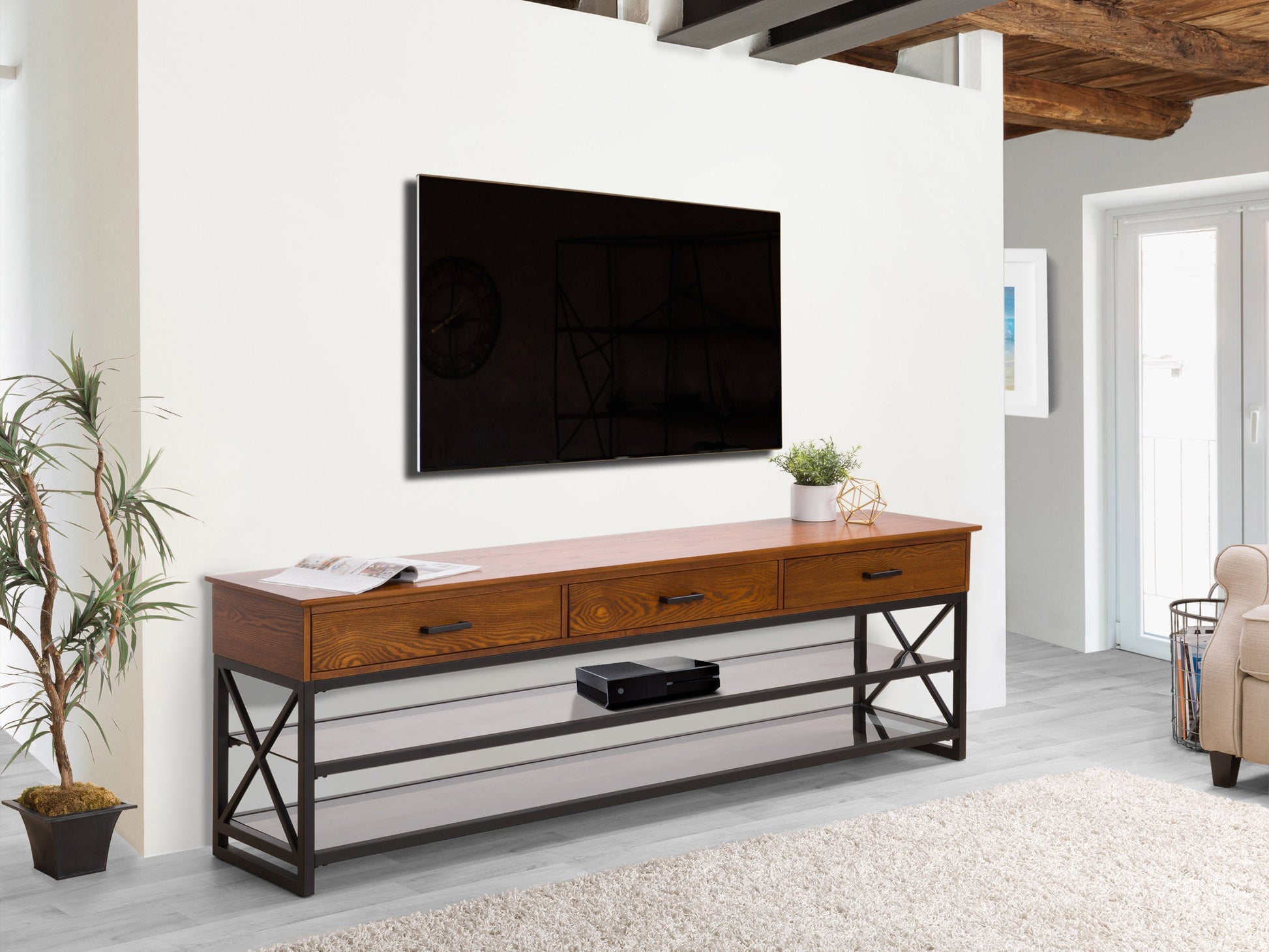 cherry brown TV Bench for TVs up to 95" Houston Collection lifestyle scene by CorLiving#color_cherry-brown