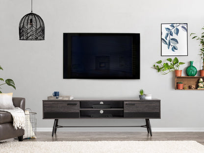 distressed carbon grey black duotone Mid Century Modern TV Stand for TVs up to 85" Aurora Collection lifestyle scene by CorLiving#color_distressed-carbon-grey-black-duotone