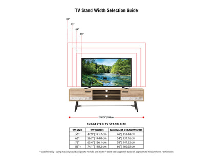 distressed warm beige white duotone Mid Century Modern TV Stand for TVs up to 85" Aurora Collection infographic by CorLiving#color_distressed-warm-beige-white-duotone