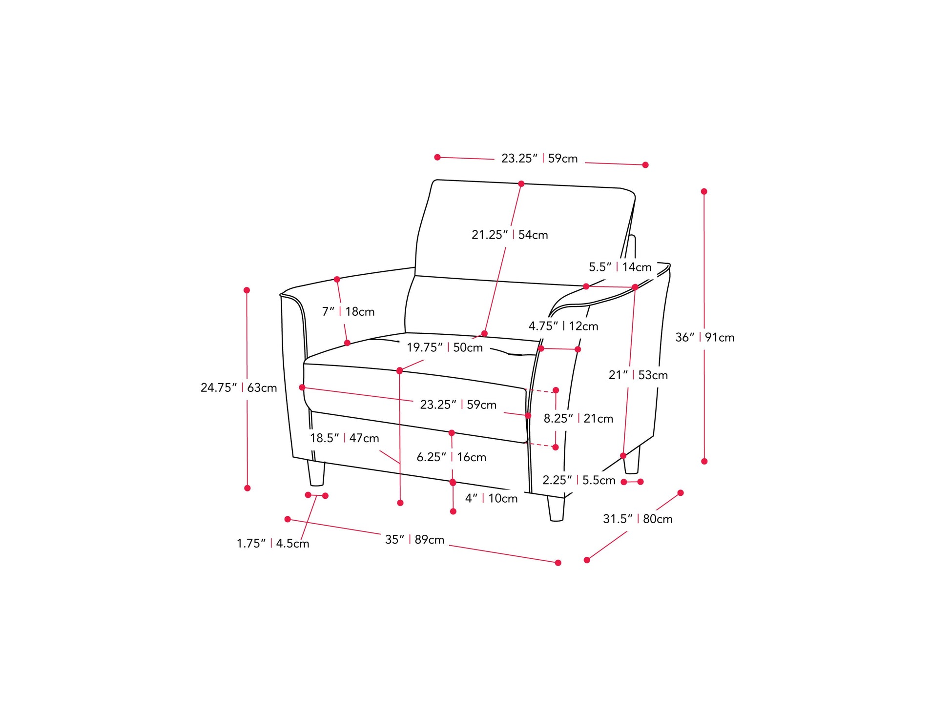 dark grey Modern Accent Chair Caroline Collection measurements diagram by CorLiving#color_caroline-dark-grey