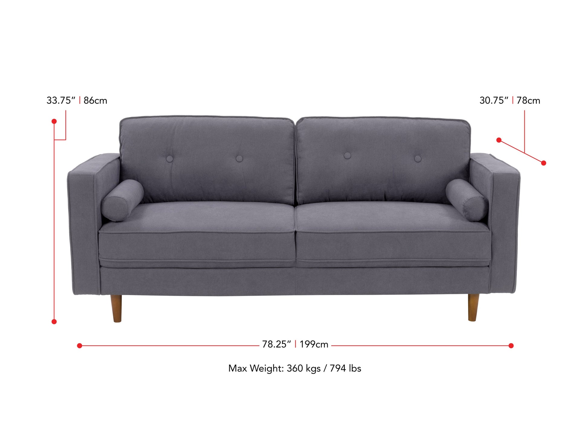 grey 3 Seater Sofa Mulberry collection measurements diagram by CorLiving#color_grey