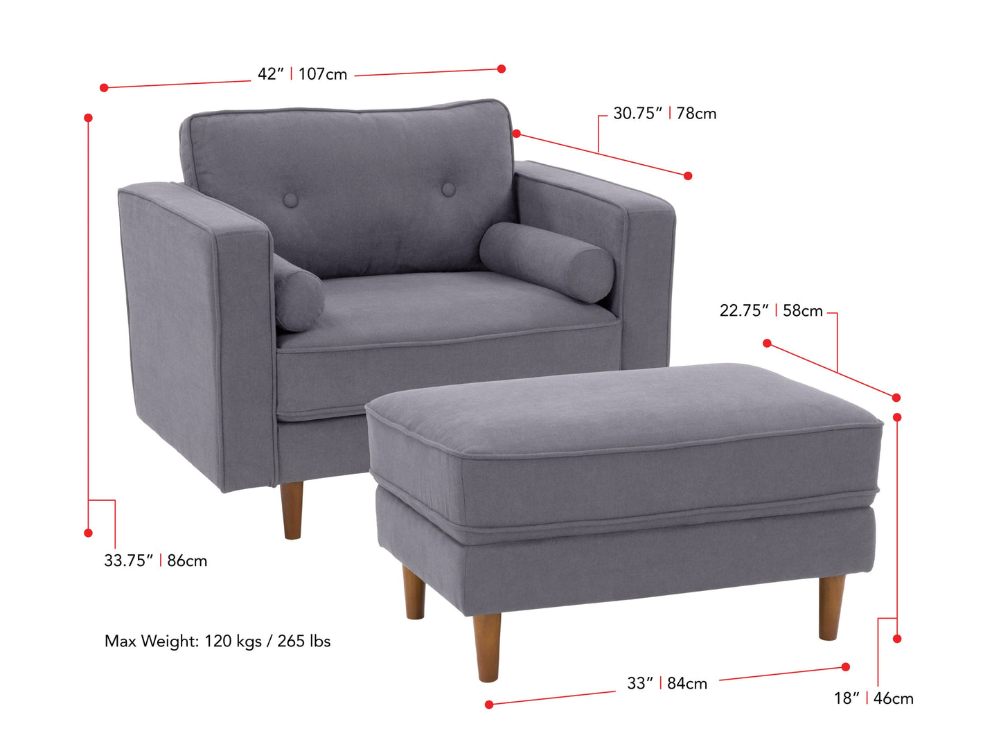 grey Accent Chair with Ottoman Mulberry collection measurements diagram by CorLiving#color_mulberry-grey