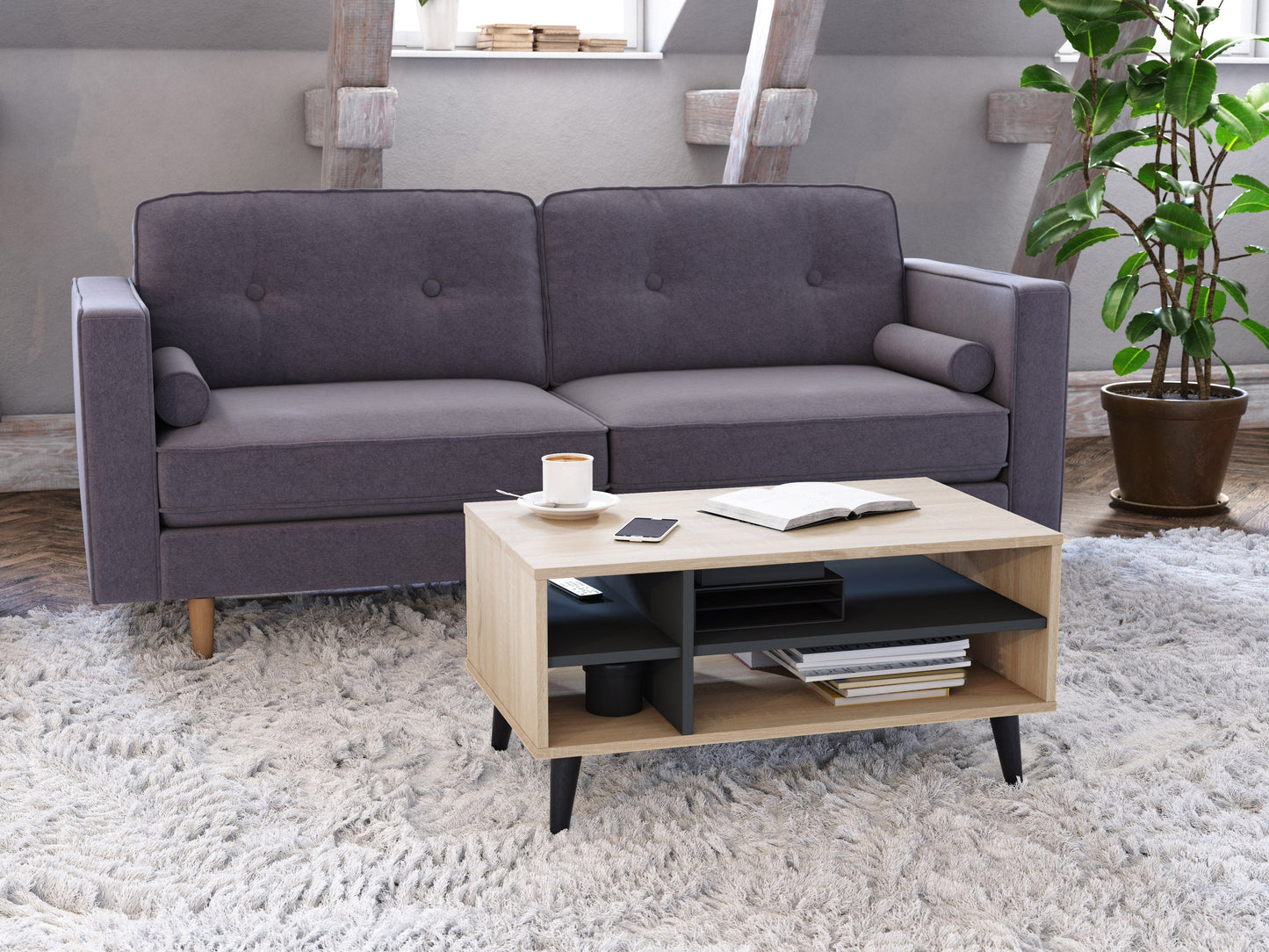 light wood and grey Rectangle Coffee Table with Storage Cole Collection lifestyle scene by CorLiving#color_light-wood-and-grey