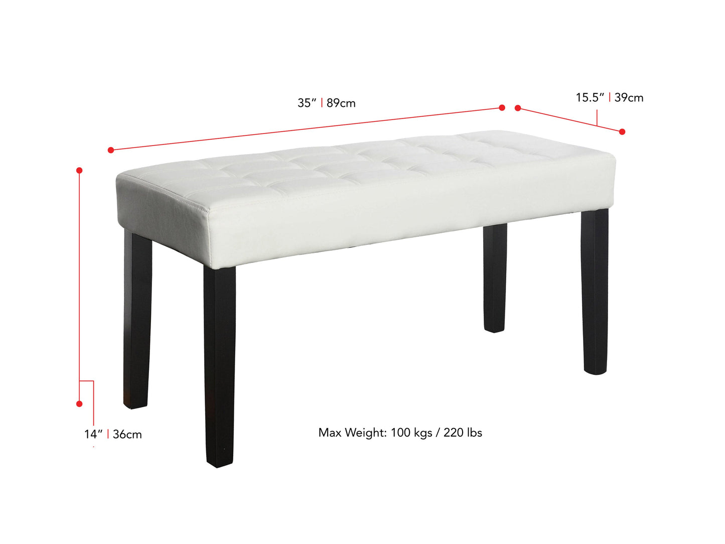 white Tufted Bench California Collection measurements diagram by CorLiving#color_california-white