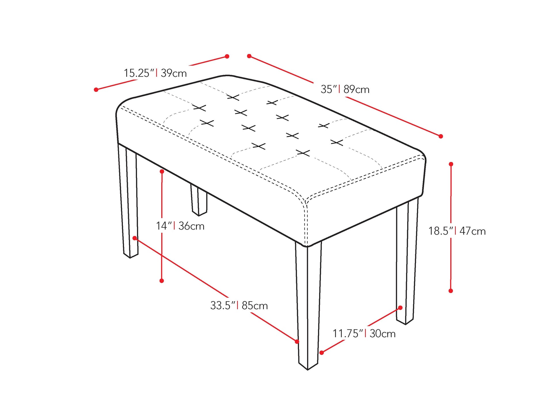 red Entryway Bench Fresno Collection measurements diagram by CorLiving#color_fresno-red