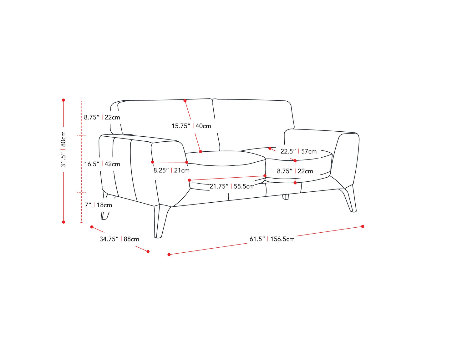 black Faux Leather Loveseat London collection measurements diagram by CorLiving#color_black