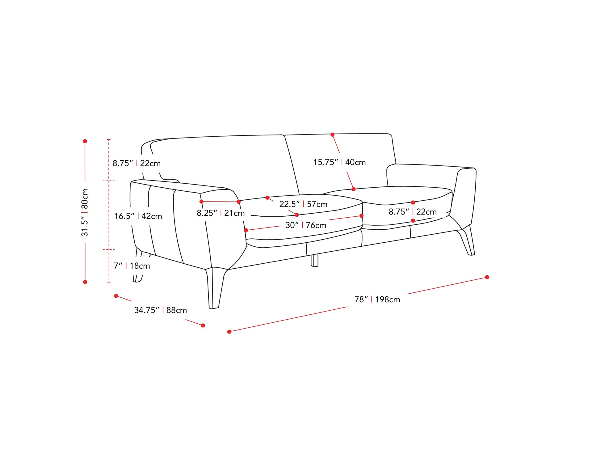 black Faux Leather Sofa London collection measurements diagram by CorLiving#color_black