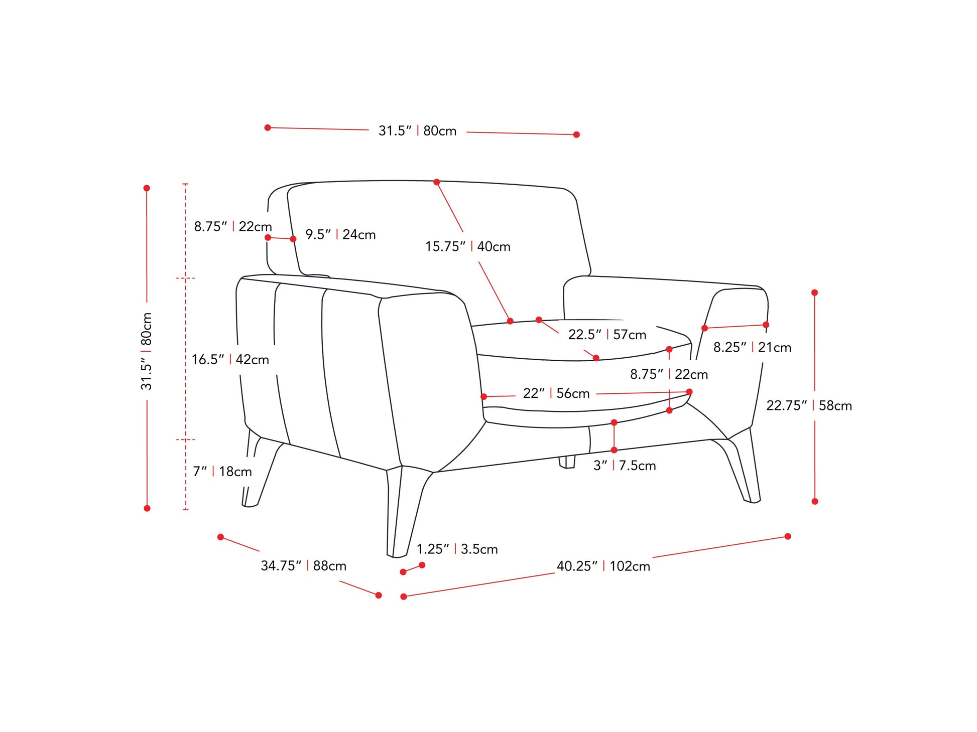 grey Faux Leather Accent Chair London Collection measurements diagram by CorLiving#color_london-grey