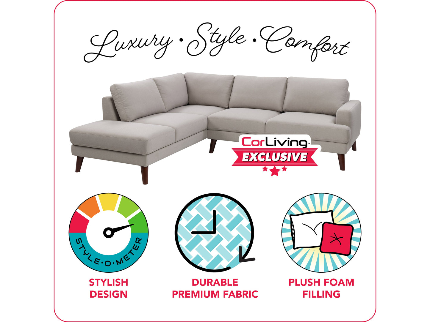 grey Sectional Couch, Left Facing Paris Collection infographic by CorLiving#color_light-grey