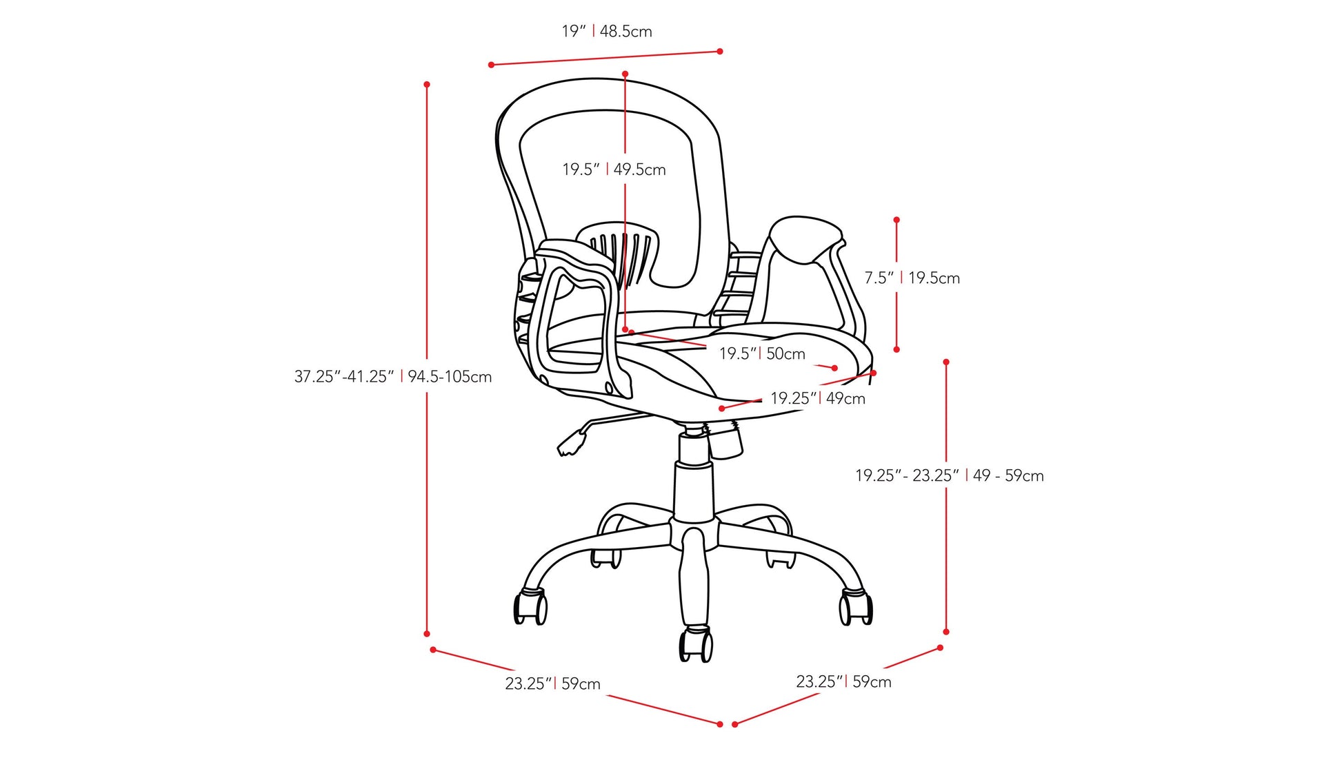 black Mesh Office Chair Quinn Collection measurements diagram by CorLiving#color_black