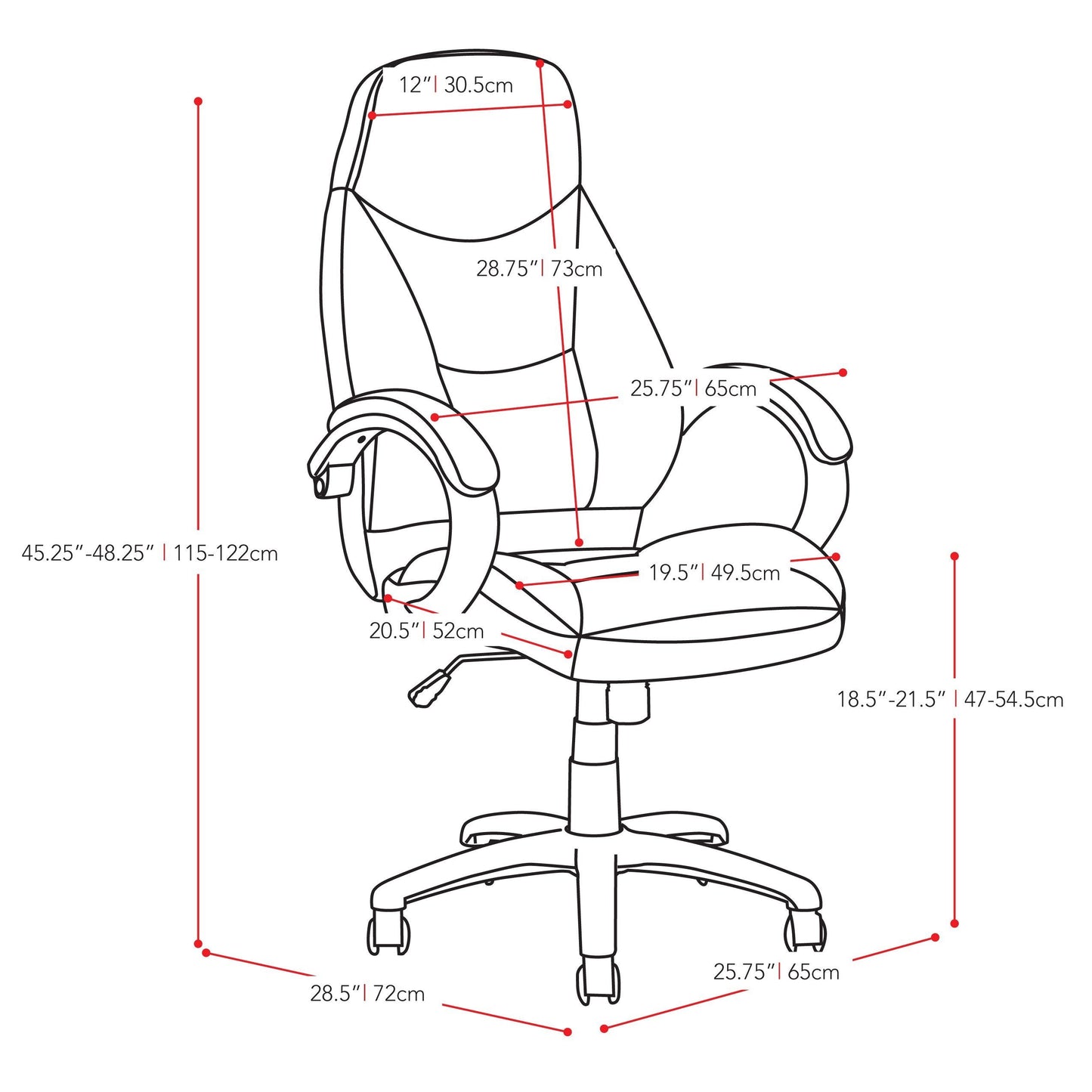 white Office Chair with Lumbar Support Erin Collection measurements diagram by CorLiving#color_white