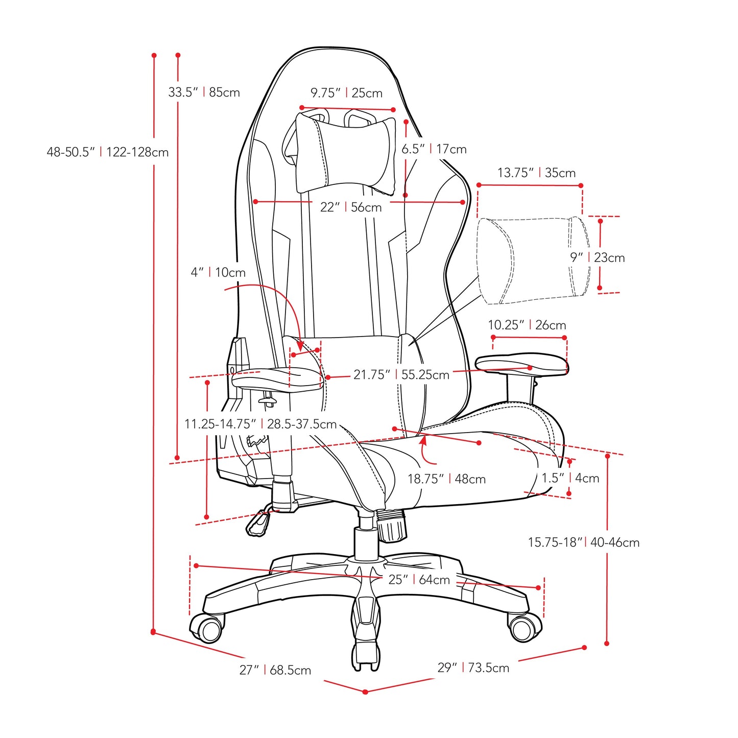 blue and yellow Ergonomic Gaming Chair Workspace Collection measurements diagram by CorLiving#color_blue-and-yellow