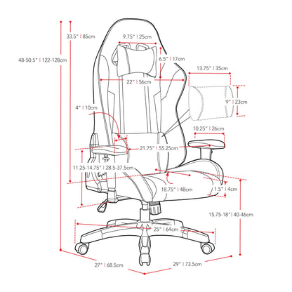 black and orange Ergonomic Gaming Chair Workspace Collection measurements diagram by CorLiving#color_black-and-orange