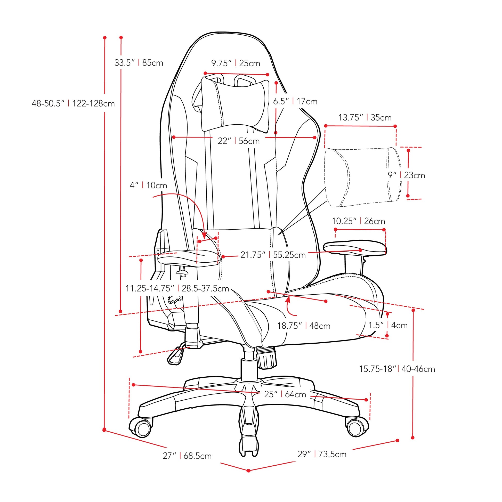 grey and blue Ergonomic Gaming Chair Workspace Collection measurements diagram by CorLiving#color_grey-and-blue