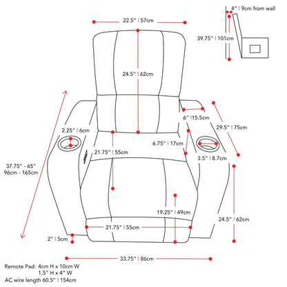 brown Power Recliner Tuscon Collection measurements diagram by CorLiving#color_brown