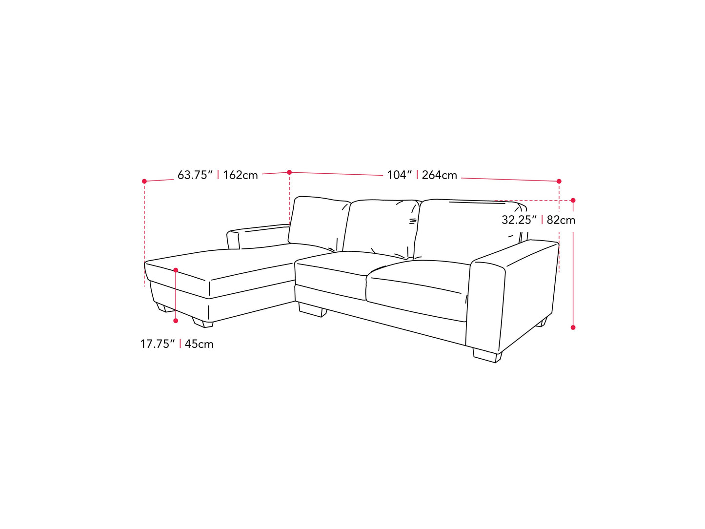 light grey Wide Sectional Couch, Right Facing Lyon collection measurements diagram by CorLiving#color_light-grey