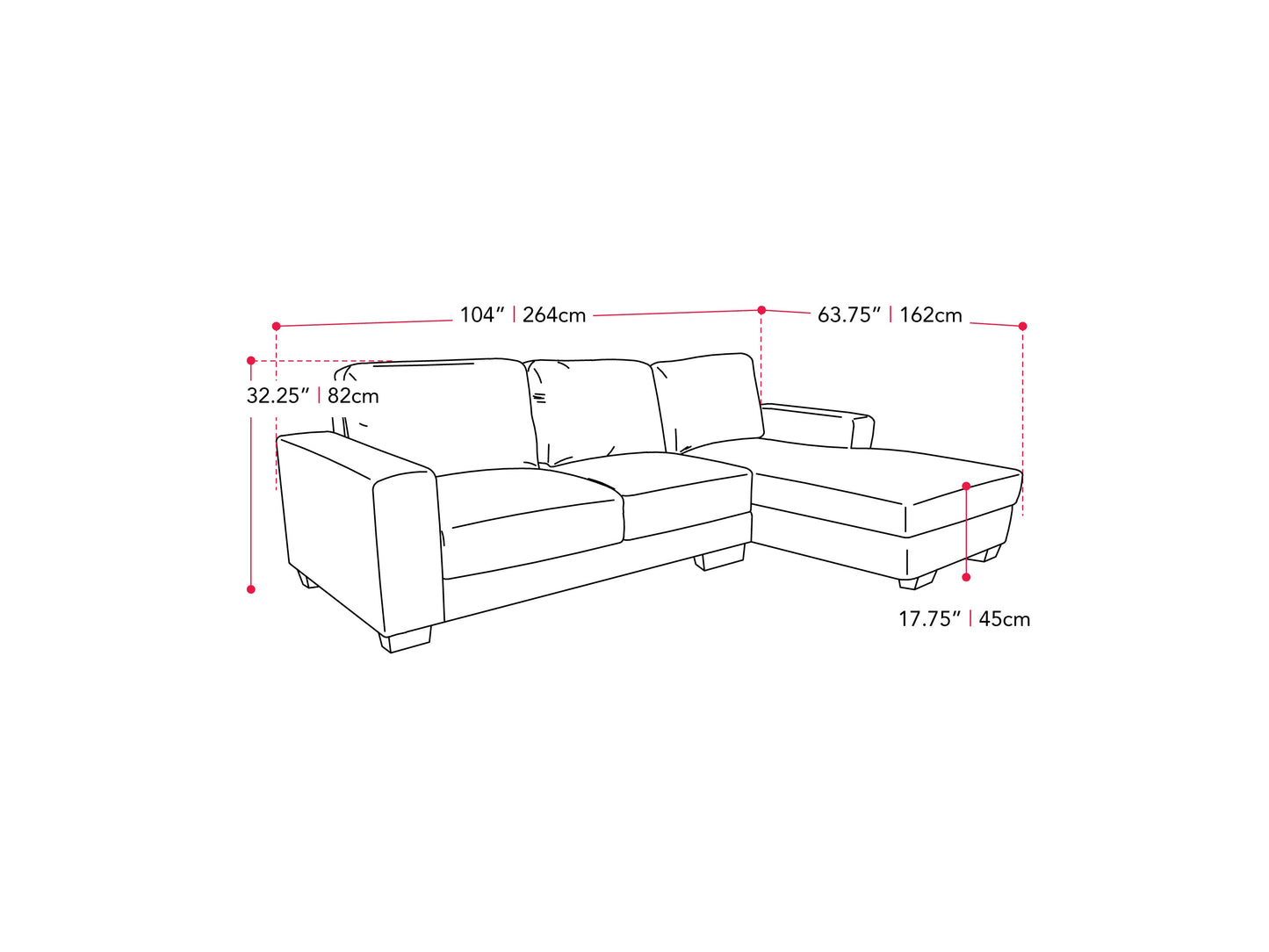 light grey Wide Sectional Couch, Left Facing Lyon collection measurements diagram by CorLiving#color_light-grey