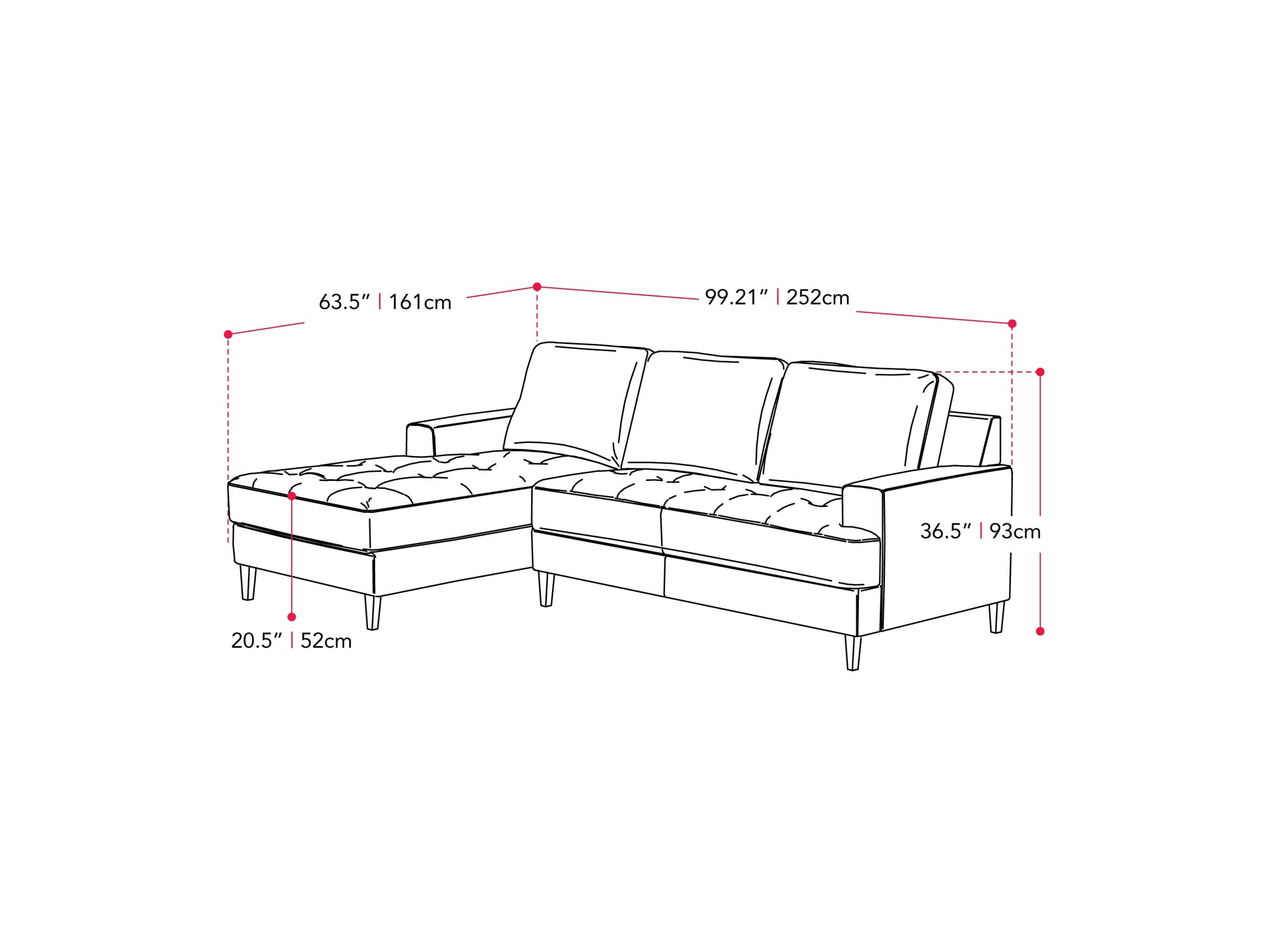 beige L Shaped Couch, Right Facing Madelyn collection measurements diagram by CorLiving#color_beige