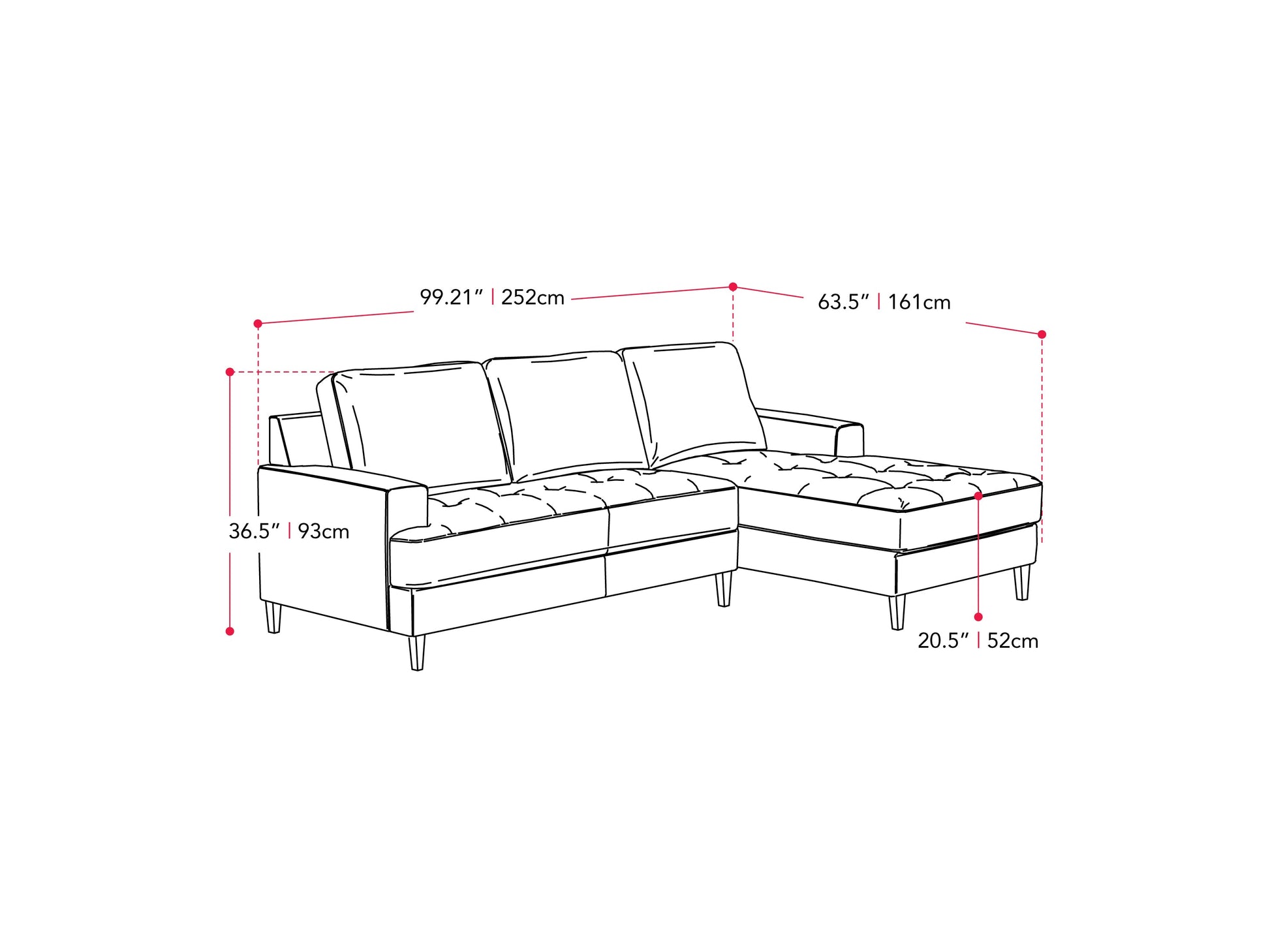dark grey L Shaped Couch, Left Facing Madelyn collection measurements diagram by CorLiving#color_dark-grey