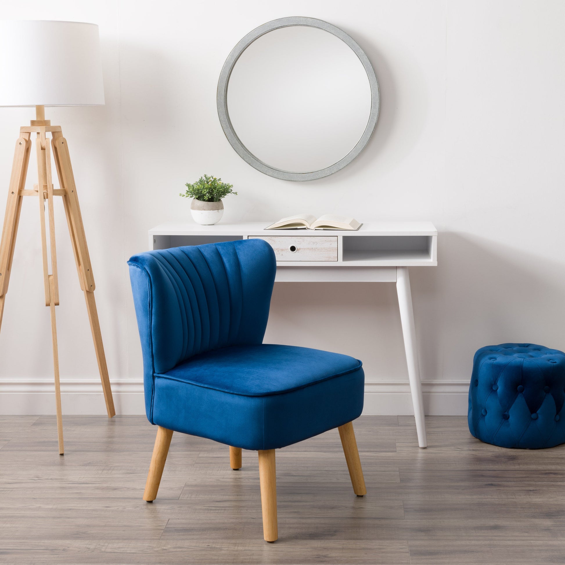 blue Velvet Accent Chair with pouf Lynwood Collection lifestyle scene by CorLiving#color_blue